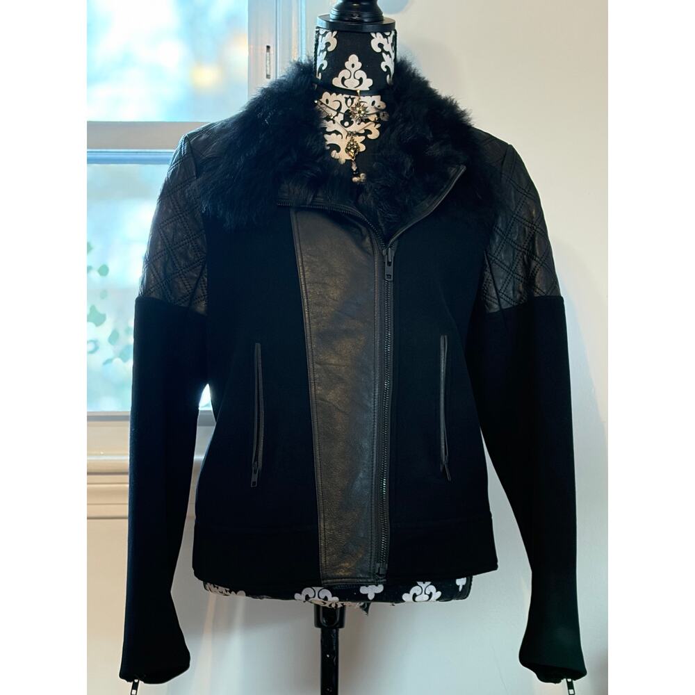 Theory Black Leather, Wool & Lamb Shearling Fur Moto Jacket Size Large Like NEW